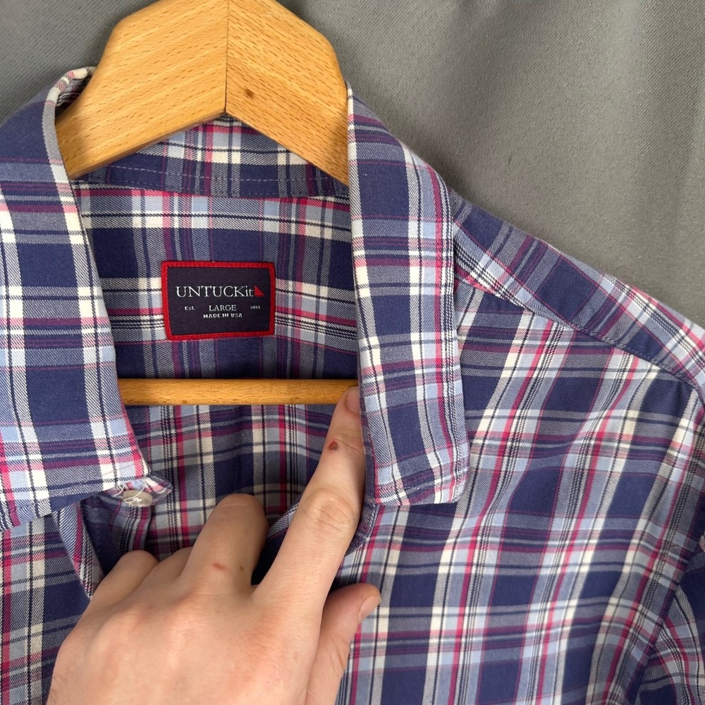 UNTUCKit Mens Large Plaid Button Down Shirt Navy Magenta White 100% Cotton USA - Picture 2 of 8